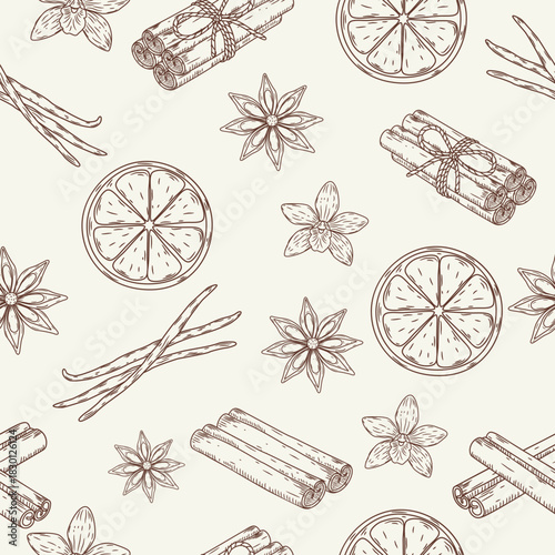 Vintage seamless pattern with hand-drawn winter spices: cinnamon sticks, vanilla pods, star anise, and citrus slices. Vector