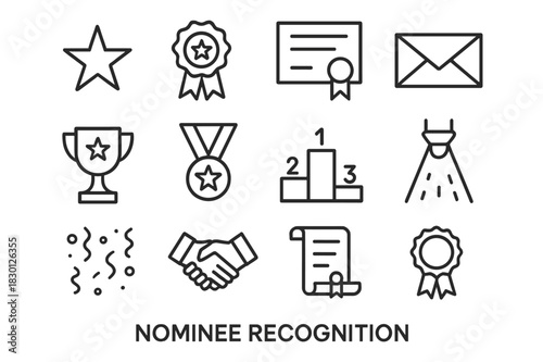 Nominee Icon Set. Nominee Recognition. Line icon set of Nominee Recognition: star, ribbon, certificate, envelope, trophy, medal, podium, spotlight, confetti,