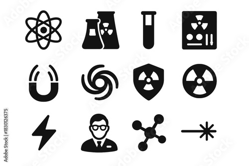 Nuclear Science Icons. Nuclear science. Solid icon set of nuclear science: atom, reactor, test tube, control panel, magnetic field, plasma swirl, shield,
