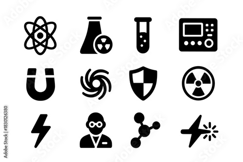 Nuclear Science Icons. Nuclear science. Solid icon set of nuclear science: atom, reactor, test tube, control panel, magnetic field, plasma swirl, shield,