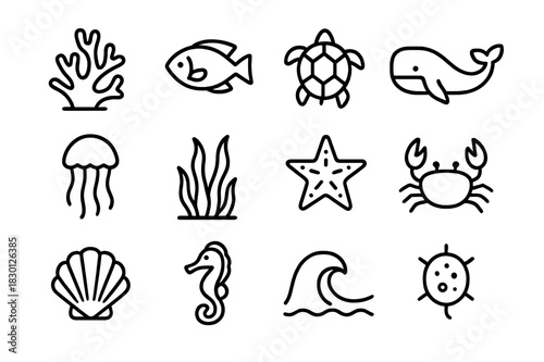 Ocean Biodiversity Icons. Ocean Biodiversity. Line icon set of Ocean Biodiversity: coral, fish, sea turtle, whale, jellyfish, seaweed, starfish, crab, shell,