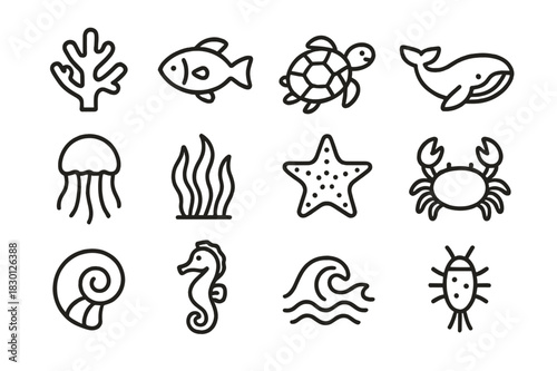 Ocean Biodiversity Icons. Ocean Biodiversity. Line icon set of Ocean Biodiversity: coral, fish, sea turtle, whale, jellyfish, seaweed, starfish, crab, shell,