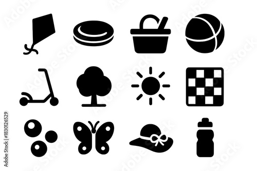 Outdoor Fun Icons. Outdoor Fun. Solid icon set of Outdoor Fun: kite, frisbee, picnic basket, ball, scooter, park tree, sun, blanket, bubbles, butterfly, hat,