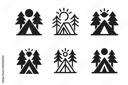 Outdoor Sports Logos. Outdoor sports. Icon set. Set Logo of outdoor sports: camping and exploration. harmonious logo variations of the same emblematic concept,