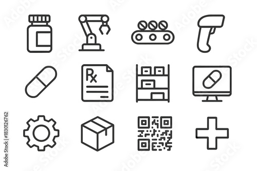 Pharmacy Automation Icons. Pharmacy automation. Line icon set of pharmacy automation: pill bottle, robot arm, conveyor belt, barcode scanner,