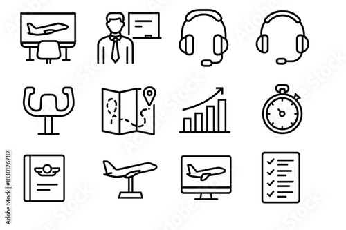Pilot Training Icons. Pilot Training. Line icon set of Pilot Training: flight simulator, instructor, cockpit, headset, control yoke, map, chart, timer,