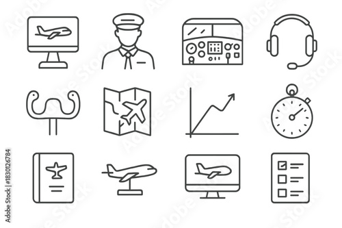 Pilot Training Icons. Pilot Training. Line icon set of Pilot Training: flight simulator, instructor, cockpit, headset, control yoke, map, chart, timer,
