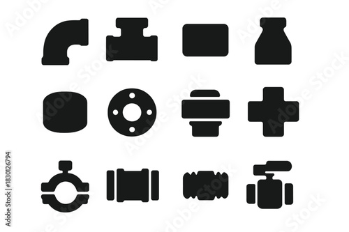 Pipe Fittings Icons. Pipe Fittings Collection. Solid icon set of elbow, tee, coupler, reducer, cap, flange, union, cross, adapter, clamp, nipple, ball valve.