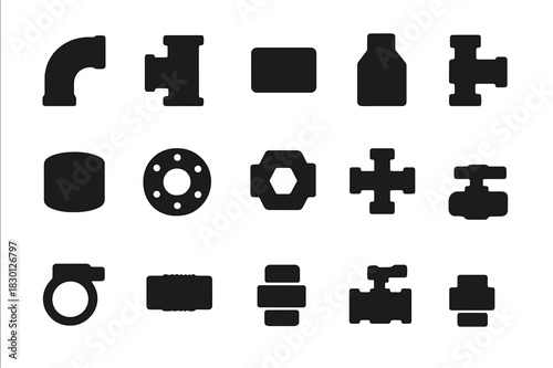 Pipe Fittings Icons. Pipe Fittings Collection. Solid icon set of elbow, tee, coupler, reducer, cap, flange, union, cross, adapter, clamp, nipple, ball valve.
