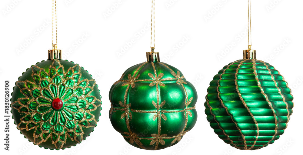 Fototapeta premium Three bright green Christmas tree ornaments with gold trim