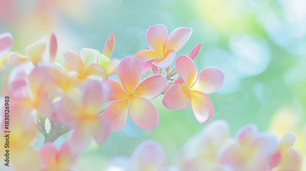 Fototapeta premium Pastel tropical flowers in soft focus natural background