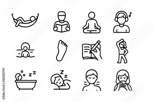 Relaxation Icon Set. Relaxing activities. Line icon set of relaxing activities: lying in hammock, reading, meditating, listening to music, watching sunset,