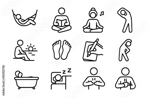 Relaxation Icon Set. Relaxing activities. Line icon set of relaxing activities: lying in hammock, reading, meditating, listening to music, watching sunset,