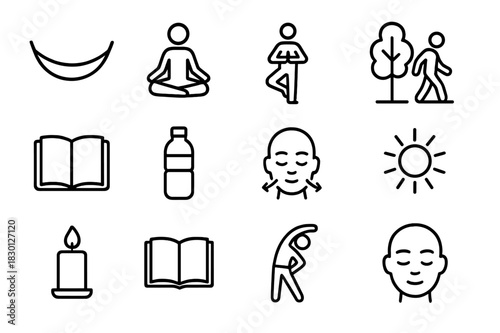 Relaxed Lifestyle Icons. Relaxed Lifestyle. Line icon set of Relaxed Lifestyle: hammock, meditation, yoga, nature walk, journal, water bottle, breathing
