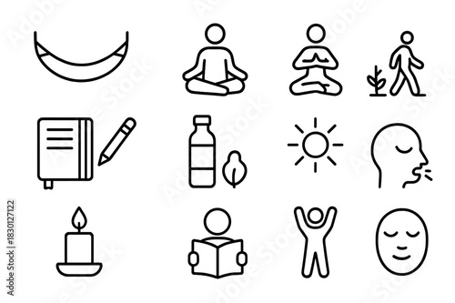 Relaxed Lifestyle Icons. Relaxed Lifestyle. Line icon set of Relaxed Lifestyle: hammock, meditation, yoga, nature walk, journal, water bottle, breathing