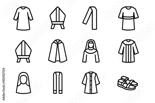 Religious Attire Icons. Religious procession attire. Line icon set of religious procession attire: robe, ceremonial hat, sash, tunic, mitre, cloak, habit,
