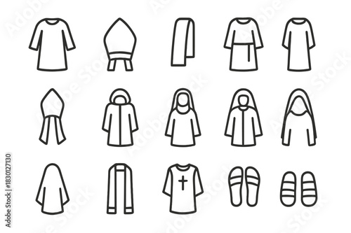 Religious Attire Icons. Religious procession attire. Line icon set of religious procession attire: robe, ceremonial hat, sash, tunic, mitre, cloak, habit,