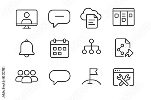 Remote Collaboration Icons. Remote Collaboration. Line icon set of Remote Collaboration: video call, chat bubble, cloud document, shared task board,
