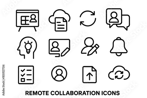 Remote Collaboration Icons. Remote collaboration. Line icon set of remote collaboration: shared whiteboard, cloud document, sync icon, team chat, online