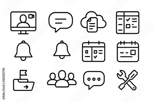 Remote Collaboration Icons. Remote Collaboration. Line icon set of Remote Collaboration: video call, chat bubble, cloud document, shared task board,