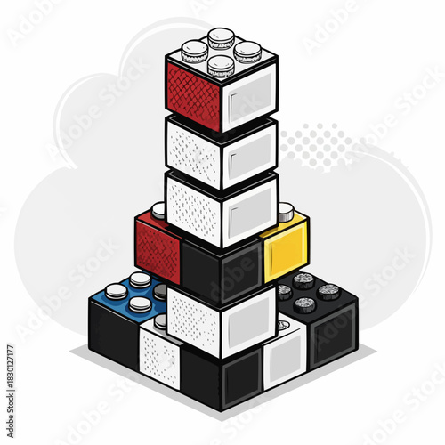 Isometric stack of colorful building blocks forming a sturdy tower against a clean white background for development concept and strategic planning