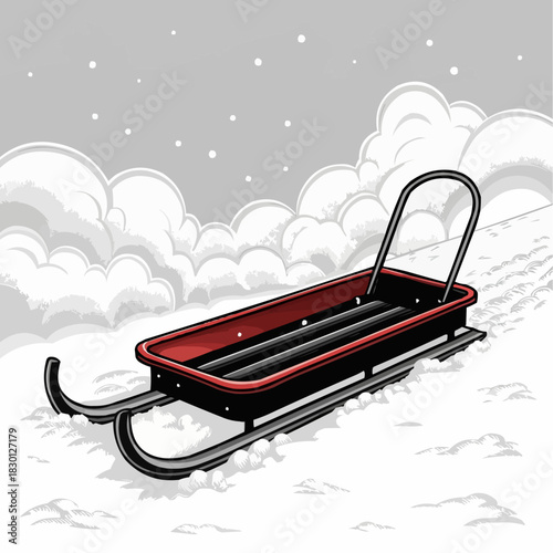 Bright red classic wooden sled resting on a snow-covered hill with gentle falling snow for winter fun concept and festive holiday season illustration