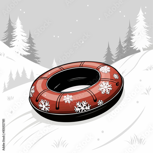 Red snow tubing ring with snowflake decorations on a snowy hill with pine trees and falling snow for winter recreation concept and holiday fun