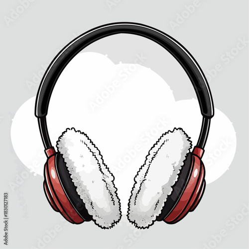 Red and black fuzzy earmuffs in a vibrant pop art illustration with halftone background for warm winter accessories concept and retro style