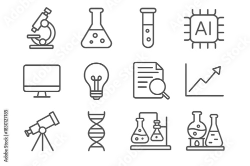 Research and Innovation Icons. Research and innovation. Line icon set of research and innovation: microscope, laboratory flask, test tube, AI icon, computer,