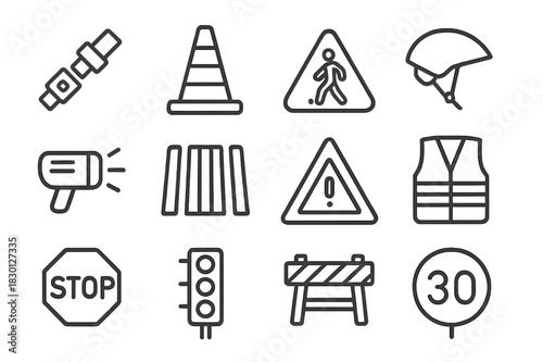 Road Safety Icons. Road safety. Line icon set of road safety: seatbelt, traffic cone, pedestrian sign, helmet, bike light, crosswalk, car warning, safety vest,