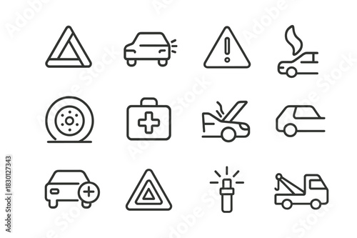 Roadside Emergency Icons. Roadside emergency. Line icon set of roadside emergency: warning triangle, car stopped, hazard lights, breakdown signal, flat tire,