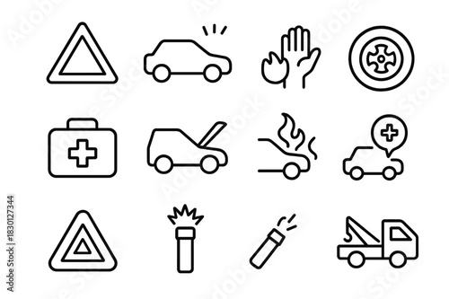 Roadside Emergency Icons. Roadside emergency. Line icon set of roadside emergency: warning triangle, car stopped, hazard lights, breakdown signal, flat tire,