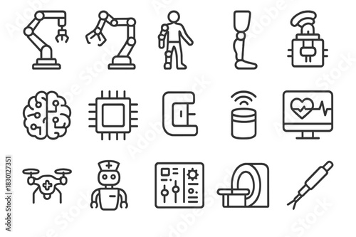 Robotic Healthcare Icons. Robotic Healthcare. Line icon set of Robotic Healthcare: robotic surgery arm, exoskeleton, prosthetic limb, AI brain, microchip,