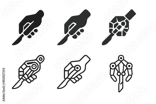 Robotic Surgery Icons. Robotics surgery specialist. Icon set. Set Logo of robotic surgery: mechanical precision hand. harmonious logo variations of the same