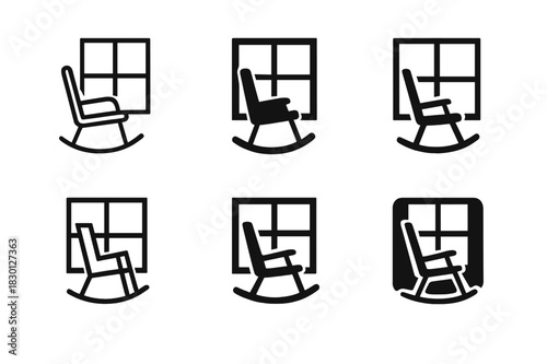 Rocking Chair Logos. Rocking chair by the window. Icon set. Set Logo of rocking chair: chair with curved rockers near window. harmonious logo variations of the