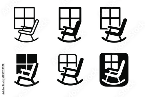 Rocking Chair Logos. Rocking chair by the window. Icon set. Set Logo of rocking chair: chair with curved rockers near window. harmonious logo variations of the