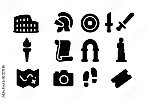 Roman Coliseum Icons. Exploring a Roman coliseum. Solid icon set of exploring a Roman coliseum: coliseum, helmet, shield, sword, torch, scroll, archway,