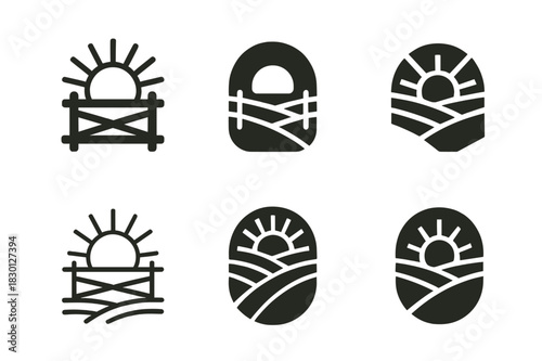 Rural Landscape Logos. Rural landscapes. Icon set. Set Logo of rural landscapes: Fence line and sunrise. harmonious logo variations of the same emblematic