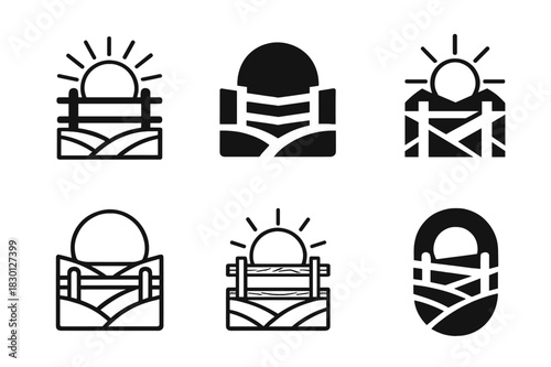 Rural Landscape Logos. Rural landscapes. Icon set. Set Logo of rural landscapes: Fence line and sunrise. harmonious logo variations of the same emblematic