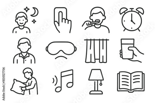 Sleep Routine Icons. Sleep preparation. Line icon set of sleep preparation: bedtime routine, turning off light, brushing teeth, setting alarm, putting on