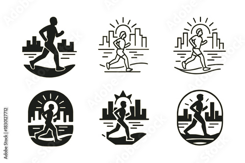 Skyline Jogging Logos. A person jogging along the waterfront in the city, enjoying the view of the skyline. Icon set. Set Logo of a person jogging along the