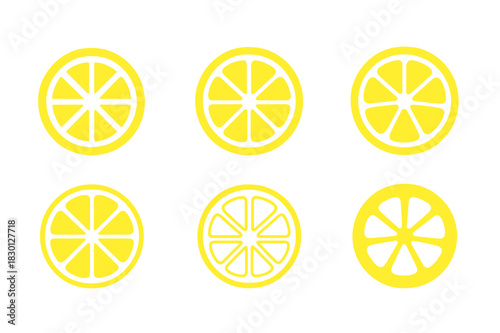 Sliced Lemon Logos. Sliced Lemon. Icon set. Set Logo of sliced lemon: radial citrus burst. harmonious logo variations of the same emblematic concept, each with