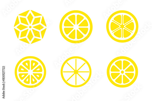 Sliced Lemon Logos. Sliced Lemon. Icon set. Set Logo of sliced lemon: radial citrus burst. harmonious logo variations of the same emblematic concept, each with