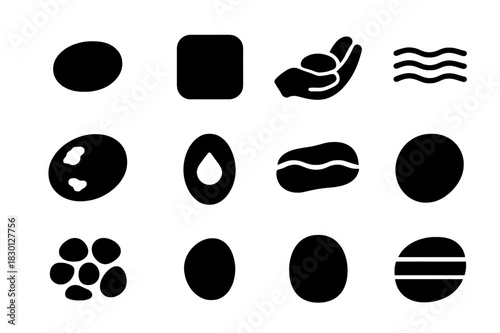Smooth Stone Textures. Smooth stone textures. Solid icon set of Smooth stone textures: pebble, rounded edges, hand, sand, moss, water droplet, river rock,