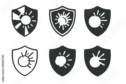 Snowball Fight Logos. Snowball fight. Icon set. Set Logo of snowball fight: snowball impact burst against a shield. harmonious logo variations of the same