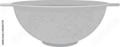 A simple grayscale illustration of a metal kitchen colander isolated on a white background.