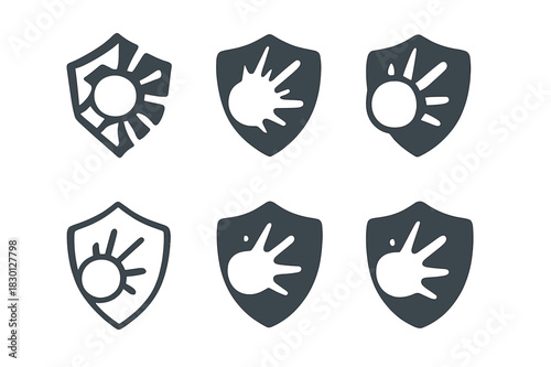 Snowball Fight Logos. Snowball fight. Icon set. Set Logo of snowball fight: snowball impact burst against a shield. harmonious logo variations of the same