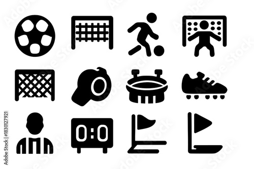 Soccer Icon Set. Penalty Shootout. Solid icon set of soccer ball, goal, player kicking, goalkeeper, net, whistle, stadium, cleats, referee, scoreboard, lines,
