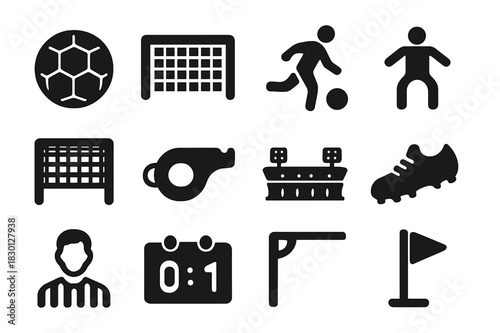 Soccer Icon Set. Penalty Shootout. Solid icon set of soccer ball, goal, player kicking, goalkeeper, net, whistle, stadium, cleats, referee, scoreboard, lines,