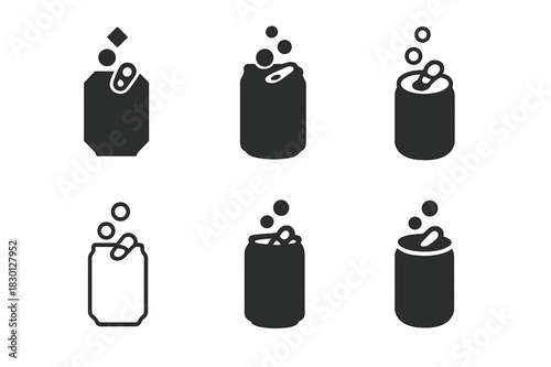 Soda Can Emblem Designs. soda can open. Icon set. Set Logo of soda can open: fizz bubbles rising. harmonious logo variations of the same emblematic concept,